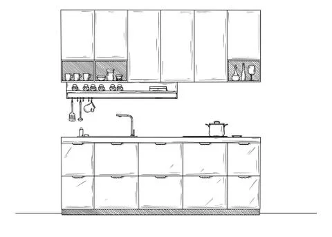 Sketch of the kitchen, front view. Vector Stock Illustration