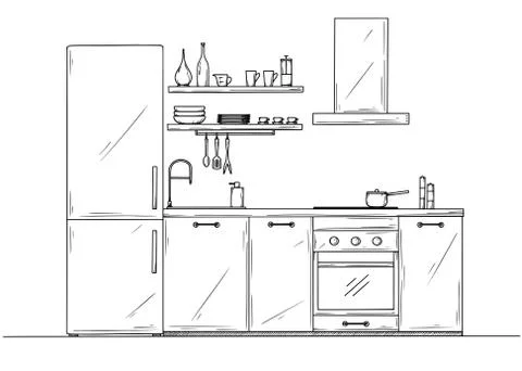Sketch of the kitchen, front view. Vector Stock Illustration