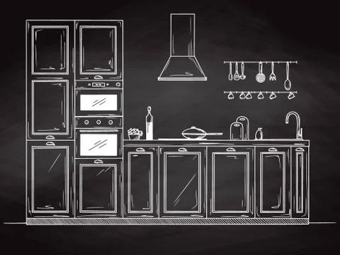 Sketch of the kitchen, front view. Vector Stock Illustration