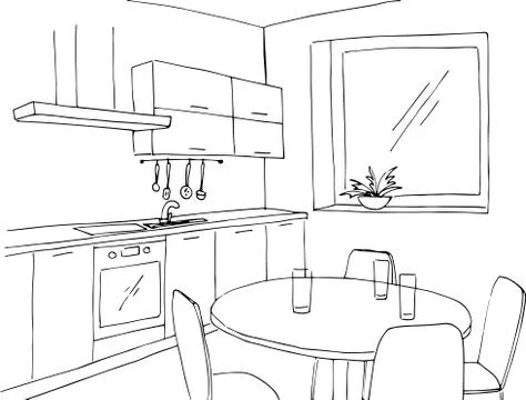 Sketch kitchen with a window. Vector illustration in a sketch style. Stock Illustration