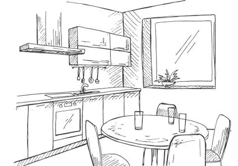 Sketch kitchen with a window. Vector illustration in a sketch style. Stock Illustration