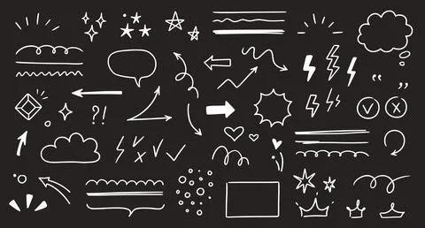 Sketch line arrow element, star, heart shape on chalkboard background. Hand Stock Illustration