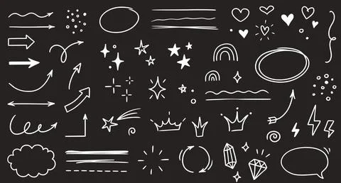 Sketch line arrow element, star, heart shape on chalkboard background. Hand Stock Illustration