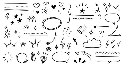Sketch line arrow element, star, heart shape. Hand drawn doodle sketch style Stock Illustration