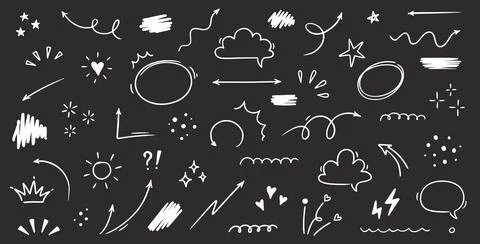 Sketch line cute star element, arrow, heart shape. Hand drawn doodle sketch Stock Illustration