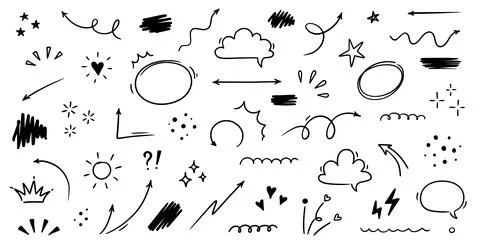 Sketch line cute star element, arrow, heart shape. Hand drawn doodle sketch Stock Illustration
