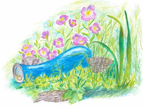 Sketch of lying blue jug with grass and pink flowers around, hand drawn Stock Illustration