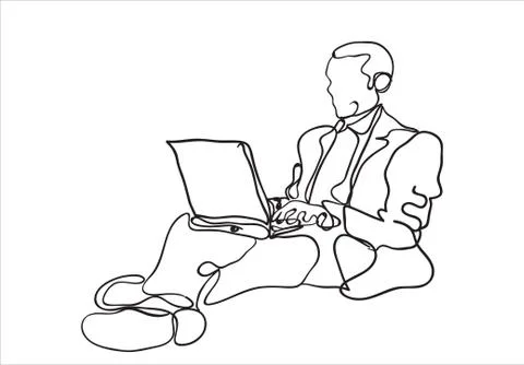 Sketch of man with computer. Hand drawn illustration. Stock Illustration