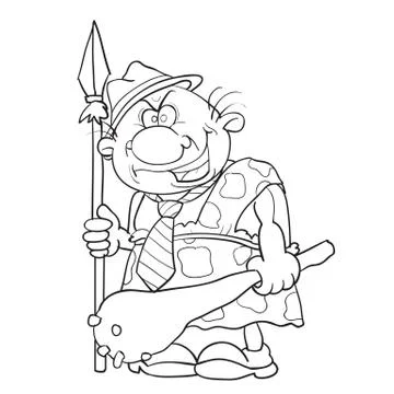 Sketch of a man in a skinned hat and with a baton and a spear in his hands, c Stock Illustration