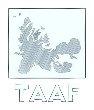 Sketch map of TAAF. Grayscale hand drawn map of the country. Filled regions.. Illustrazione stock