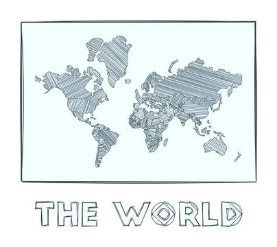 Sketch map of The World. Grayscale hand drawn map of the world. Filled regi.. Stock Illustration