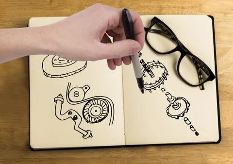 Sketch of mechanical elements and hand drawing Stock Photos