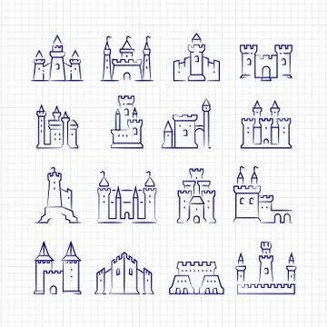 Sketch medieval castles set on lined page Illustrazione stock