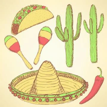 Sketch mexican set in vintage style Stock Illustration