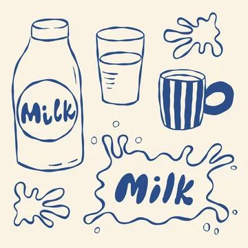 Sketch of milk containers and splashes Stock Illustration
