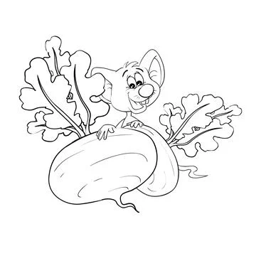 Sketch, a mischievous mouse peeks out from behind a turnip, cartoon illustrat Stock Illustration