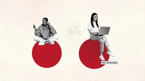 Sketch motion art collage video of two happy girls hold phone laptop type sms Stock Footage 302173380