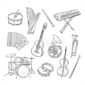 Sketch musical instruments. Drum harp flute synthesizer accordion guitar trumpet Stock Illustration