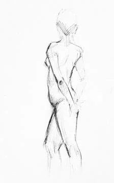 Sketch of nude model with hands behind back Stock Illustration