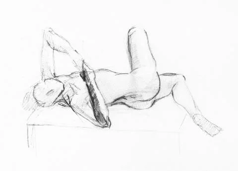 Sketch of nude model lying on her side on podium Illustrazione stock