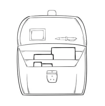 Sketch of the open briefcase with documents Stock Illustration