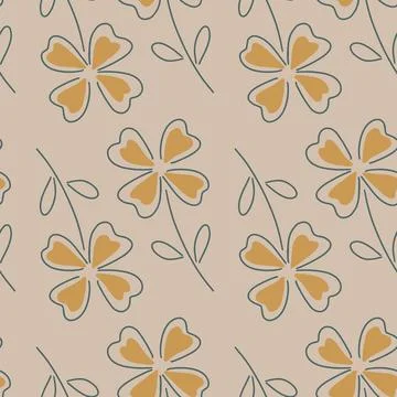 Sketch orange four-leaf clover seamless pattern in simple style. Pale lilac b Illustrazione stock