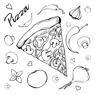 Sketch of pizza with different ingredients. Vector illustration 스톡 일러스트
