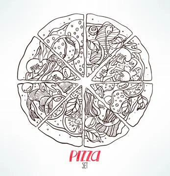 Sketch pizza with various stuffing Illustrazione stock