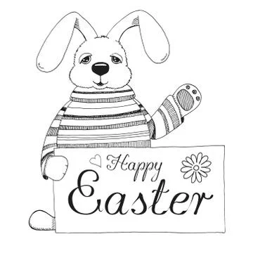 Sketch of a rabbit with a poster. Vector. Happy easter. Stockillustratie