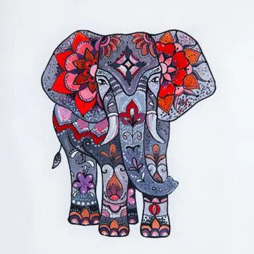 Sketch red elephant with beautiful patterns. Stock Illustration