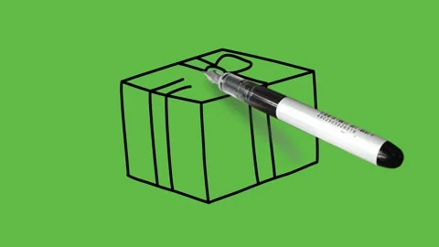 Sketch red gift box with blue  ribbon and black outline on green background Vidéo 157614517