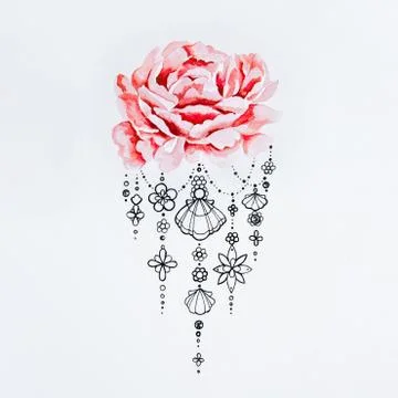 Sketch of a red peony with patterns on white background. Stock Illustration