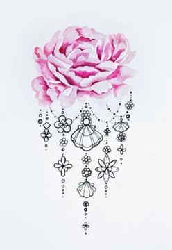 Sketch of a red peony with patterns on white background. Stock Illustration