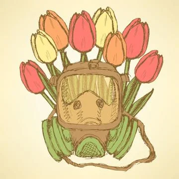 Sketch respiratory mask with tulips Stock Illustration