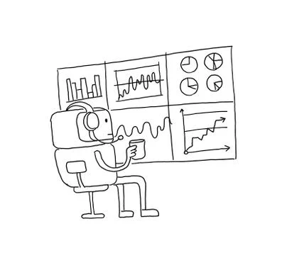 Sketch robot alien character keeps track of the diagrams. Stock exchange. Bot Stock Illustration