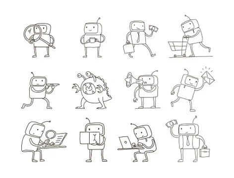 Sketch robot set alien character with business mail search money. Different Stock Illustration