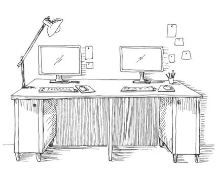 Sketch the room. Desk, various objects on the table. Sketch workspace. Illustrazione stock