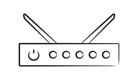 Sketch of router, power button. Modem. Pencil-drawn equipment, antennas. Contour Stock Illustration