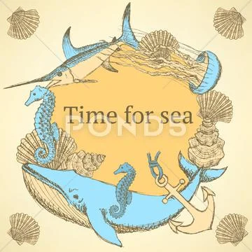 Sketch sea background in vintage style Stock Illustration