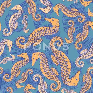 Sketch seahorse and shell in vintage style Stock Illustration