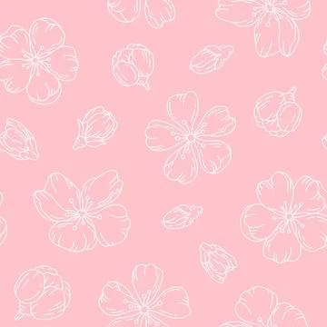Sketch seamless pattern cherry blossom white line Stock Illustration