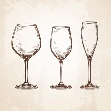 Sketch set of empty wineglasses. Stock Illustration