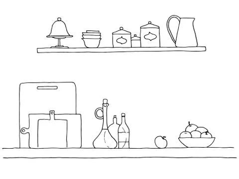 Sketch of shelves with different utensils. Vector illustration Illustrazione stock