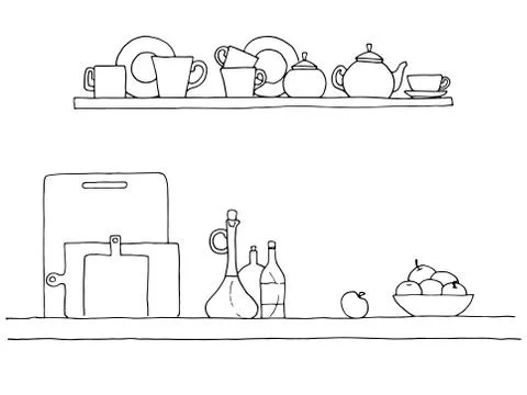Sketch of shelves with different utensils. Vector illustration. Stock Illustration