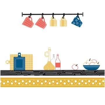 Sketch of shelves with different utensils. Vector Stock Illustration