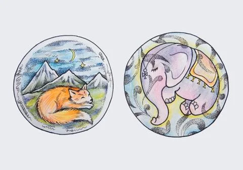 Sketch of a sleeping fox and elephant on a white background. Stock Illustration