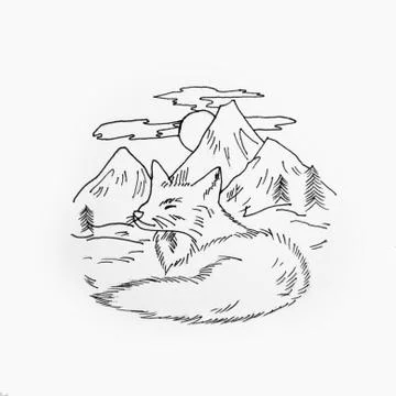 Sketch of a sleeping fox on background of a mountain valley on white background. Stock Illustration