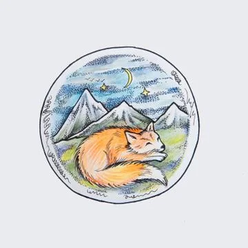 A sketch of a sleeping fox in a mountain valley on a white background. Stock Illustration