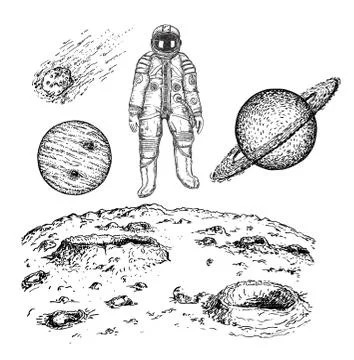 Sketch space icon set, vector ink hand drawn illustration Stock Illustration