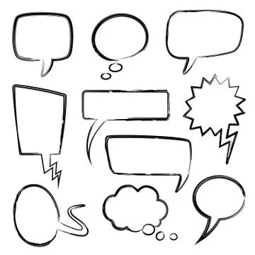 Sketch speech bubbles. Doodle message bubble elements, thinking balloons with Stock Illustration